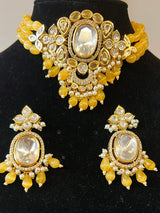 Handmade Statement Bollywood Choker Style Necklace in Polki with CZ with Monalisa Beads in Mustard Yellow - Kaash