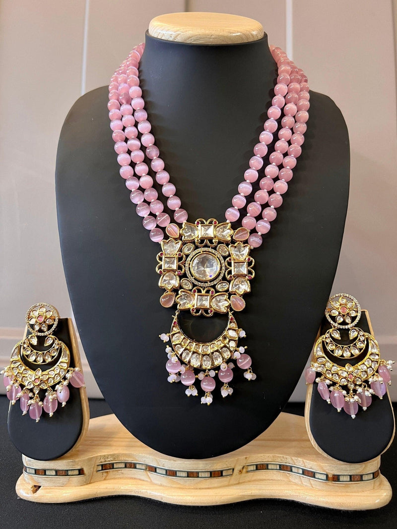 Handmade Statement Long Necklace in Tayani Kundan with Monalisa Beads - Kaash
