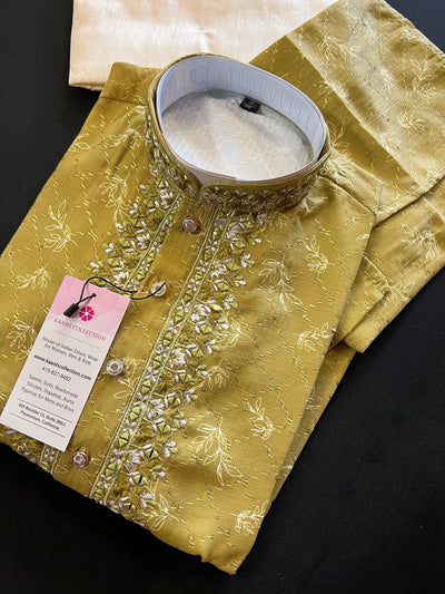 Mehandi Green men's kurta pajama in silk blend with all-over embroidery with hand-done mirror neckline — Kaash Collection