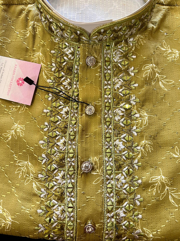 Handwork Kurta in Mehandi Green Color with Sequence and Embroidery Work | Silk blend Soft and Light Weight Kurta | Kurta Store - Kaash