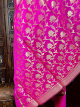 Hot Pink Banarasi Silk Zari Weaved Dupatta with floral Design - Kaash