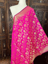 Hot Pink Banarasi Silk Zari Weaved Dupatta with floral Design - Kaash
