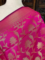 Hot Pink Banarasi Silk Zari Weaved Dupatta with floral Design - Kaash