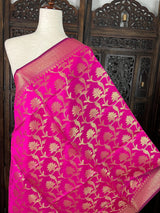 Hot Pink Banarasi Silk Zari Weaved Dupatta with floral Design - Kaash