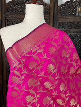 Hot Pink Banarasi Silk Zari Weaved Dupatta with floral Design - Kaash