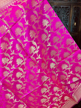 Hot Pink Banarasi Silk Zari Weaved Dupatta with floral Design - Kaash