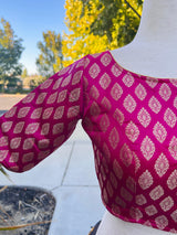 Hot Pink Readymade Blouse with Gold Buttis in Pure Banarasi Silk - Kaash
