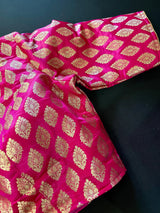 Hot Pink Readymade Blouse with Gold Buttis in Pure Banarasi Silk - Kaash