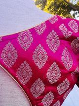 Hot Pink Readymade Blouse with Gold Buttis in Pure Banarasi Silk - Kaash