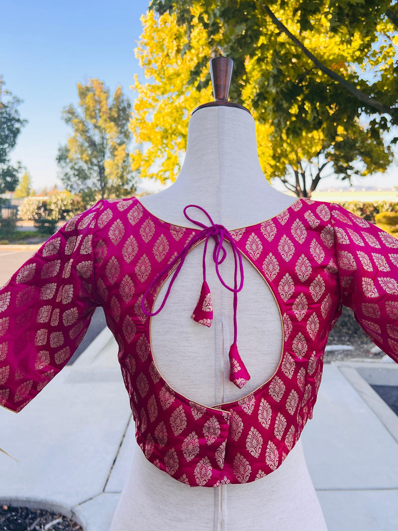 Hot Pink Readymade Blouse with Gold Buttis in Pure Banarasi Silk | Readymade Blouses | Hot Pink Blouse | Stitched Blouse | Kaash Collection - Kaash