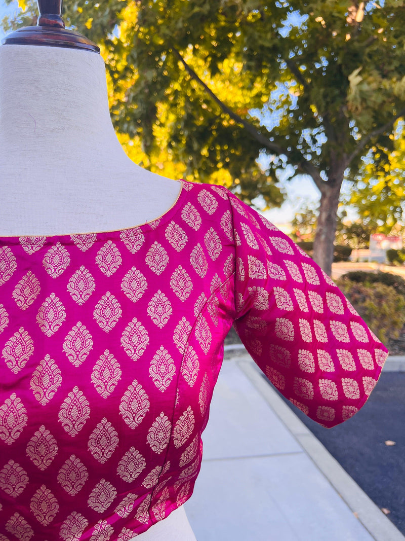 Hot Pink Readymade Blouse with Gold Buttis in Pure Banarasi Silk | Readymade Blouses | Hot Pink Blouse | Stitched Blouse | Kaash Collection - Kaash