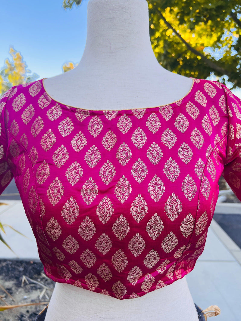 Hot Pink Readymade Blouse with Gold Buttis in Pure Banarasi Silk | Readymade Blouses | Hot Pink Blouse | Stitched Blouse | Kaash Collection - Kaash