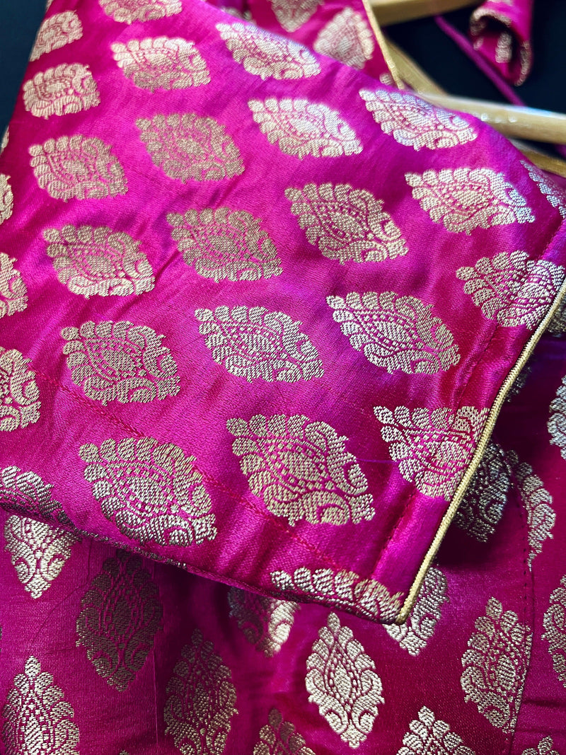 Hot Pink Readymade Blouse with Gold Buttis in Pure Banarasi Silk | Readymade Blouses | Hot Pink Blouse | Stitched Blouse | Kaash Collection - Kaash
