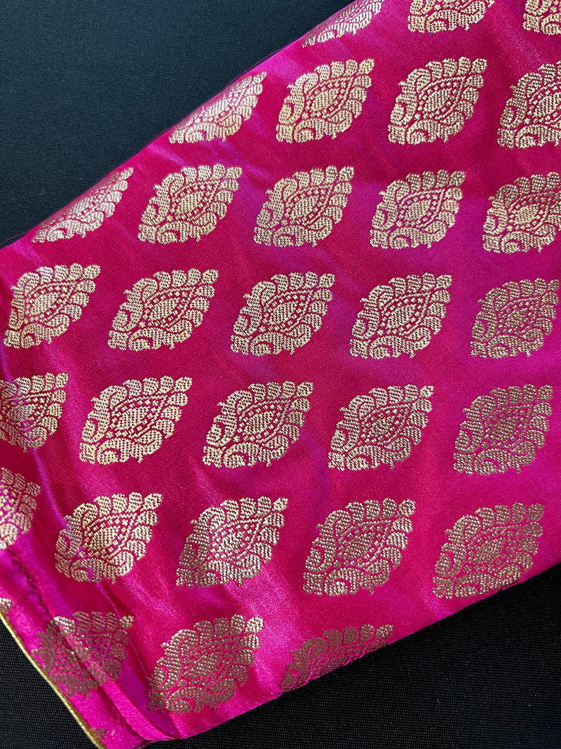 Hot Pink Readymade Blouse with Gold Buttis in Pure Banarasi Silk | Readymade Blouses | Hot Pink Blouse | Stitched Blouse | Kaash Collection - Kaash