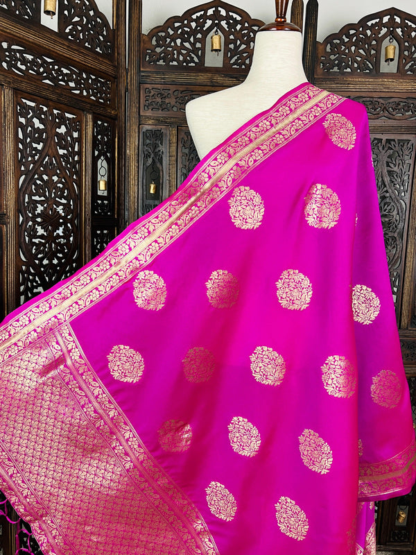 Hot Pink Silk Dupatta with Gold Zari Weaving - Kaash