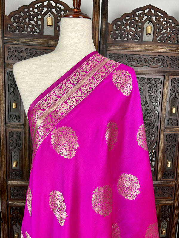 Hot Pink Silk Dupatta with Gold Zari Weaving - Kaash