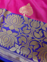 Hot Pink with Blue Banarasi saree in banarasi silk with double lotus borders with 7" width — Kaash Collection