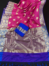 Hot Pink with Blue Banarasi saree in banarasi silk with double lotus borders with 7" width — Kaash Collection
