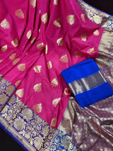 Hot Pink with Blue Banarasi saree in banarasi silk with double lotus borders with 7" width — Kaash Collection
