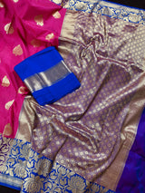 Hot Pink with Blue Banarasi saree in banarasi silk with double lotus borders with 7" width — Kaash Collection
