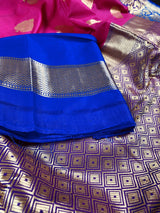 Hot Pink with Blue Banarasi saree in banarasi silk with double lotus borders with 7" width — Kaash Collection