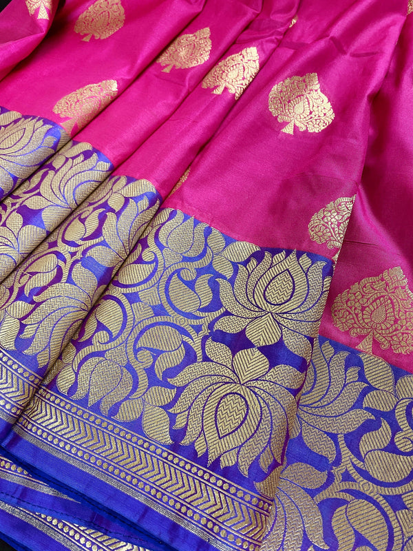 Hot Pink with Blue Traditional Banarasi Handloom Saree - Kaash