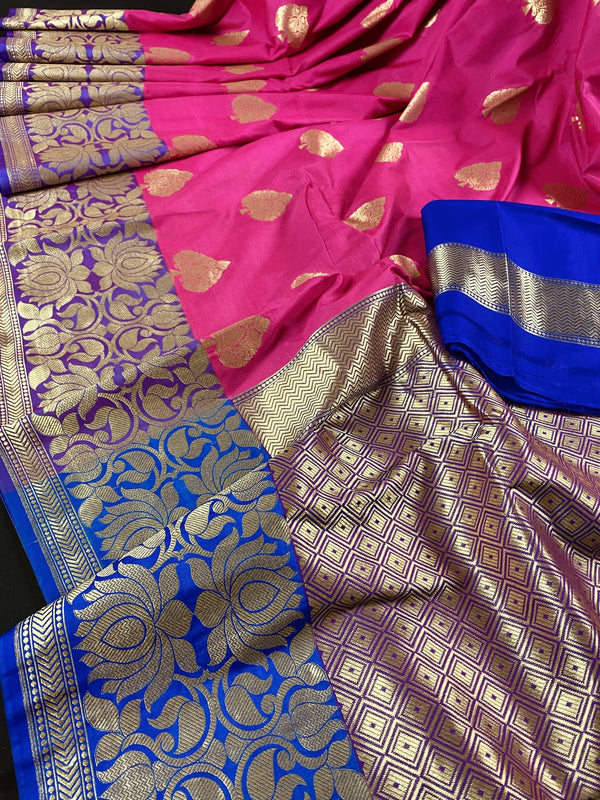 Hot Pink with Blue Traditional Banarasi Handloom Saree - Kaash