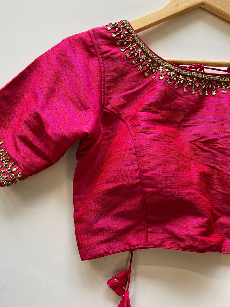 Hot Pink with tint of Orange Raw Silk Ready to Wear Blouse | Padded Blouse | Readymade Saree Blouses | Kaash Collection - Kaash