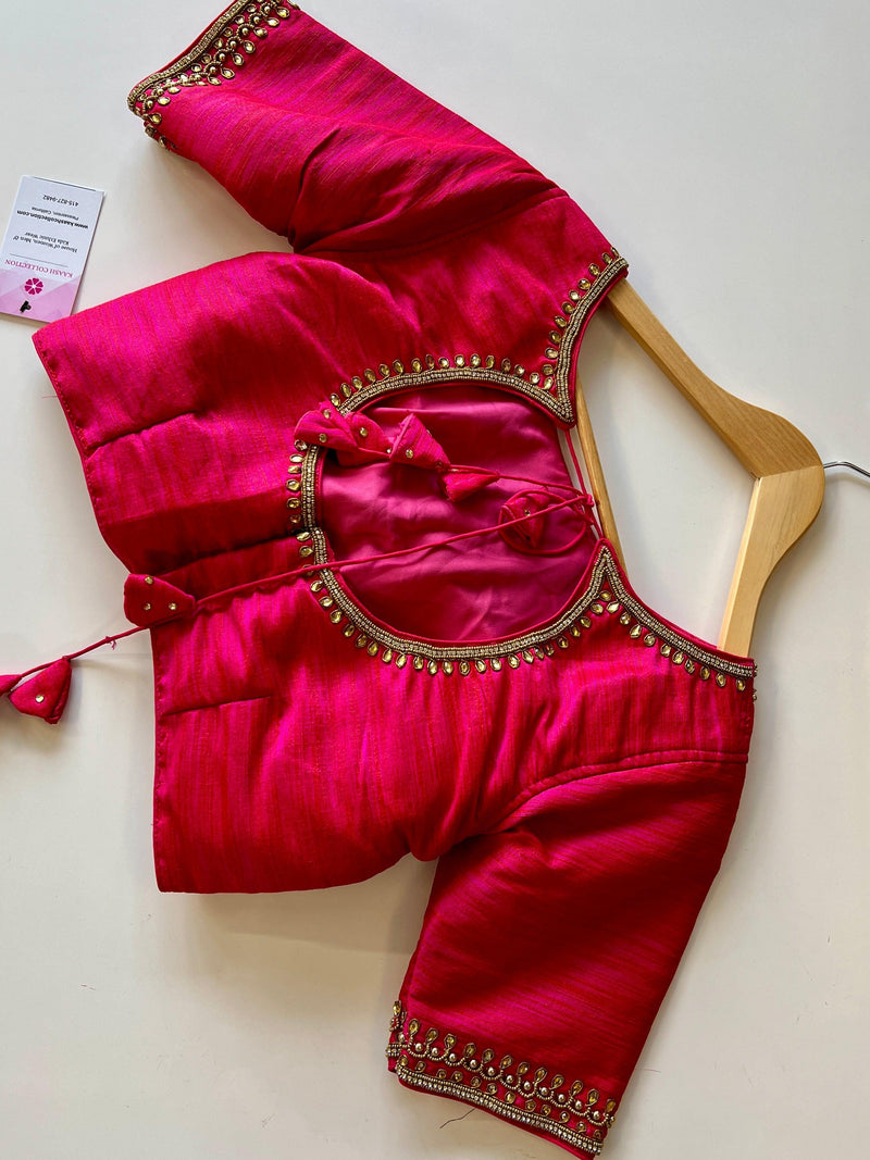 Hot Pink with tint of Orange Raw Silk Ready to Wear Blouse | Padded Blouse | Readymade Saree Blouses | Kaash Collection - Kaash
