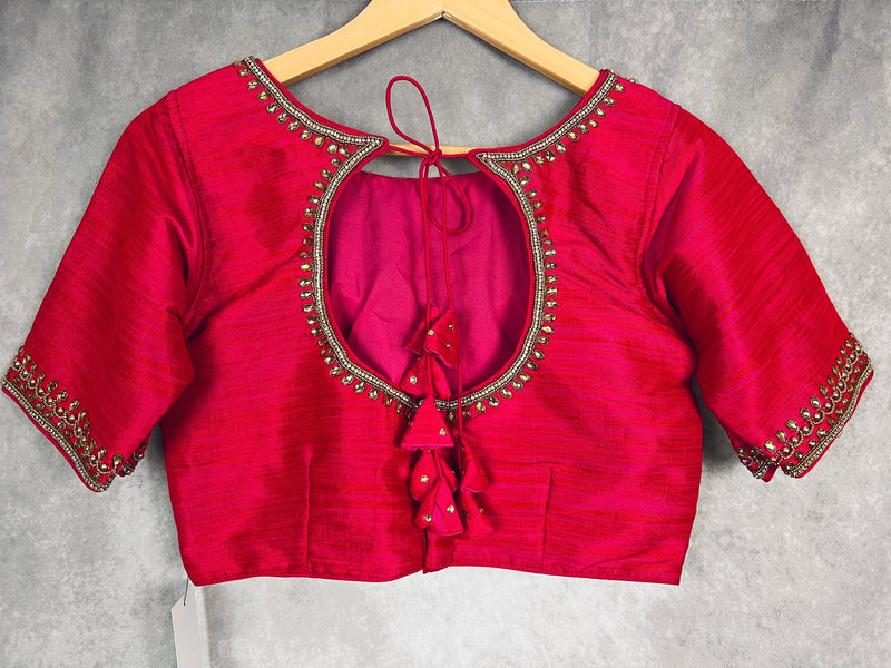 Hot Pink with tint of Orange Raw Silk Ready to Wear Blouse | Padded Blouse | Readymade Saree Blouses | Kaash Collection - Kaash