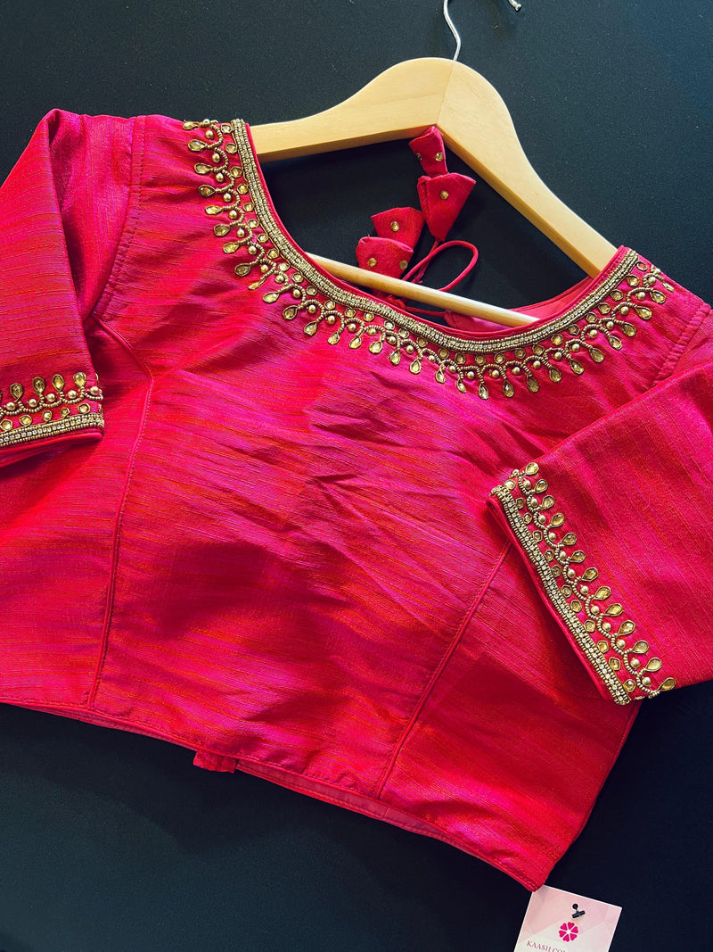 Hot Pink with tint of Orange Raw Silk Ready to Wear Blouse | Padded Blouse | Readymade Saree Blouses | Kaash Collection - Kaash