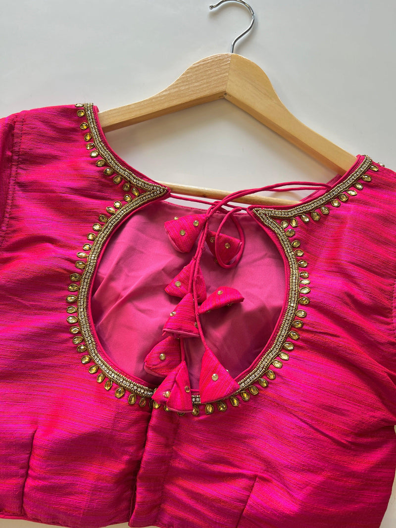 Hot Pink with tint of Orange Raw Silk Ready to Wear Blouse | Padded Blouse | Readymade Saree Blouses | Kaash Collection - Kaash