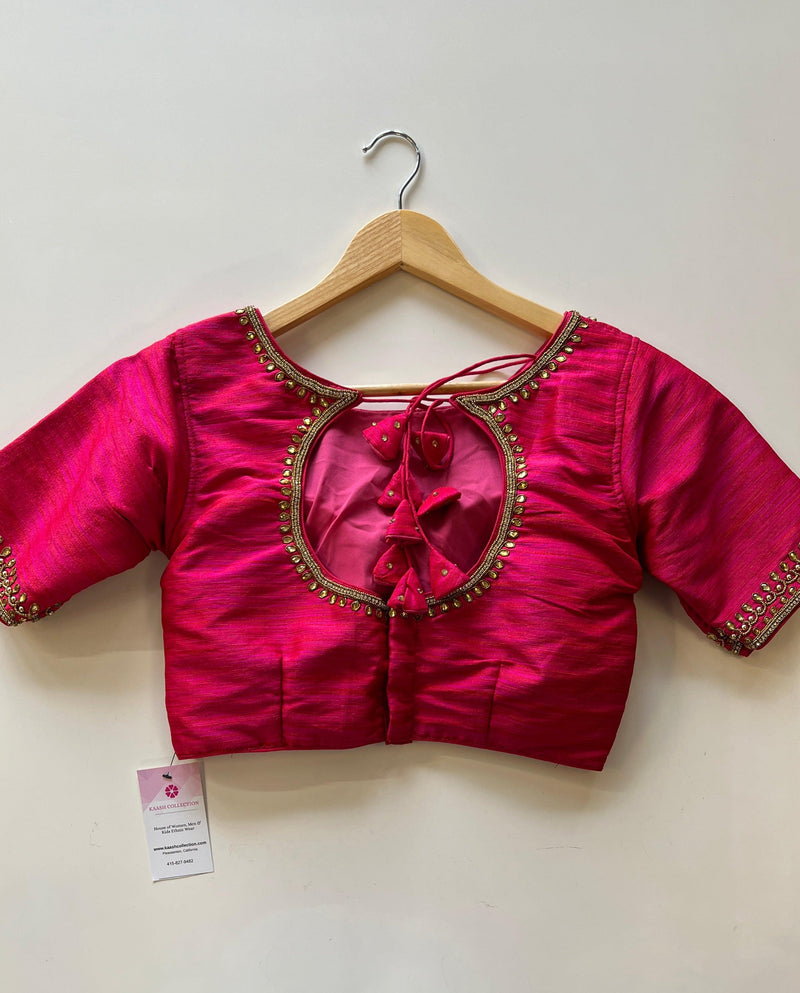 Hot Pink with tint of Orange Raw Silk Ready to Wear Blouse | Padded Blouse | Readymade Saree Blouses | Kaash Collection - Kaash