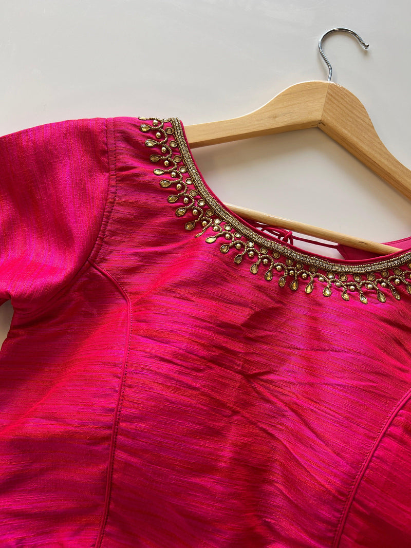 Hot Pink with tint of Orange Raw Silk Ready to Wear Blouse | Padded Blouse | Readymade Saree Blouses | Kaash Collection - Kaash