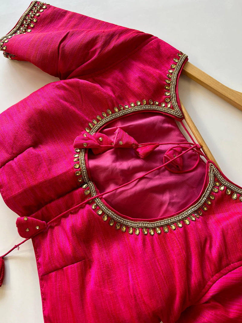 Hot Pink with tint of Orange Raw Silk Ready to Wear Blouse | Padded Blouse | Readymade Saree Blouses | Kaash Collection - Kaash