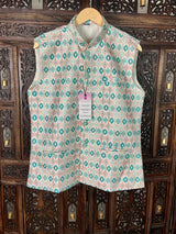 Teal Green Ikkat men's Nehru/Modi jacket in soft silk with ikkat prints & sequin work — Kaash Collection
