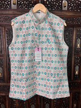 Teal Green Ikkat men's Nehru/Modi jacket in soft silk with ikkat prints & sequin work — Kaash Collection