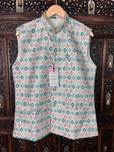 Teal Green Ikkat men's Nehru/Modi jacket in soft silk with ikkat prints & sequin work — Kaash Collection