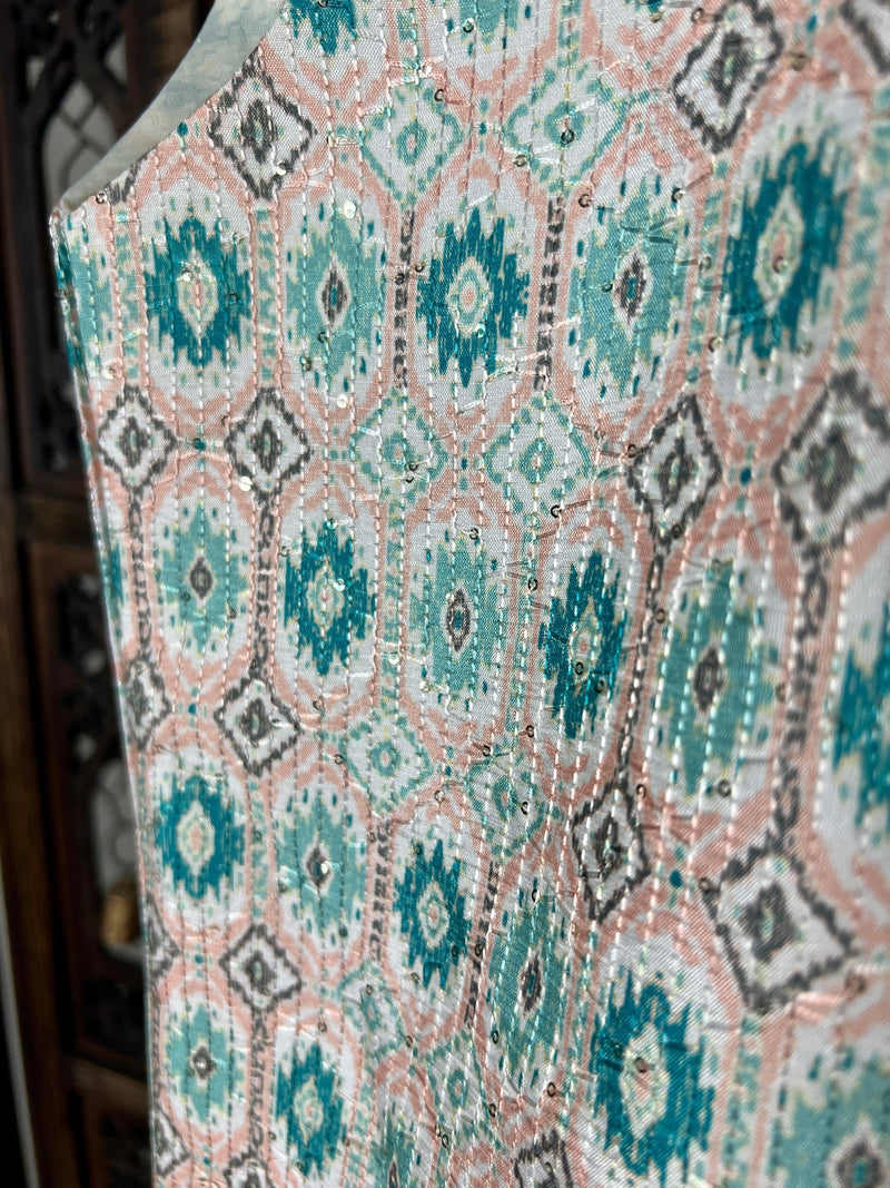 Ikkat Print Designer Multi-Color Soft Silk Jacket with Sequence Work in Teal Green | Jacket for Kurta | Groomsmen Wedding Jacket for Kurta - Kaash