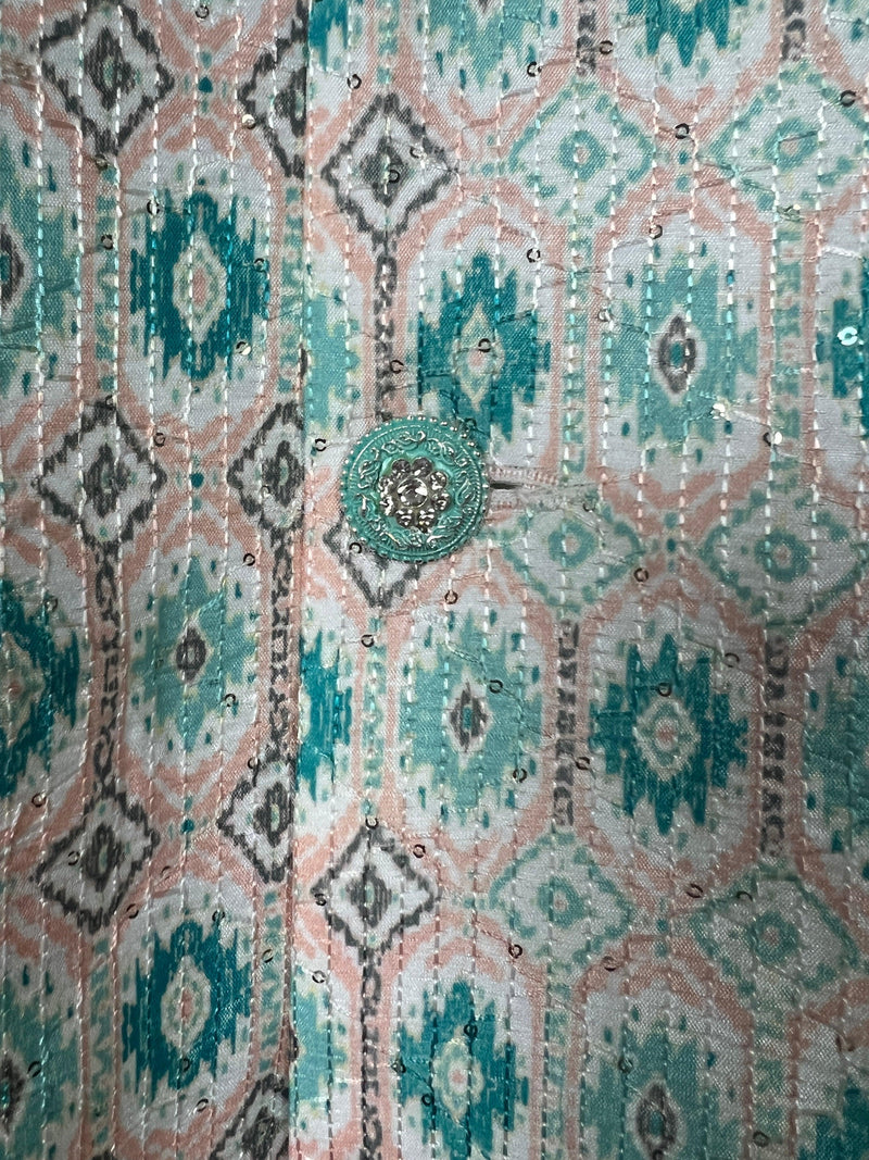 Ikkat Print Designer Multi-Color Soft Silk Jacket with Sequence Work in Teal Green | Jacket for Kurta | Groomsmen Wedding Jacket for Kurta - Kaash
