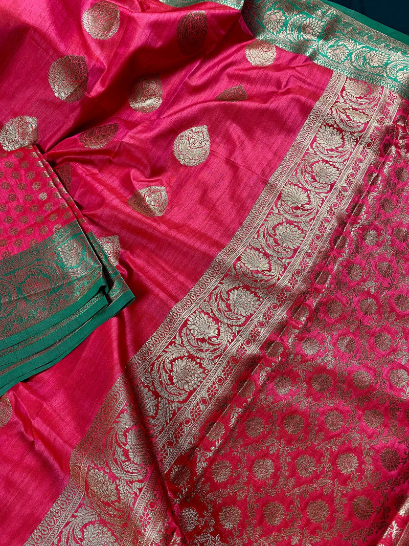 Magenta with Green Combination  Semi-Tussar Silk Saree With Antique Zari Weaving Work  |  | Kaash Collection