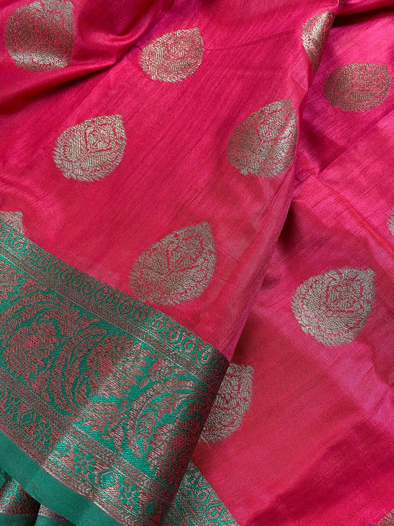 Magenta with Green Combination  Semi-Tussar Silk Saree With Antique Zari Weaving Work  |  | Kaash Collection