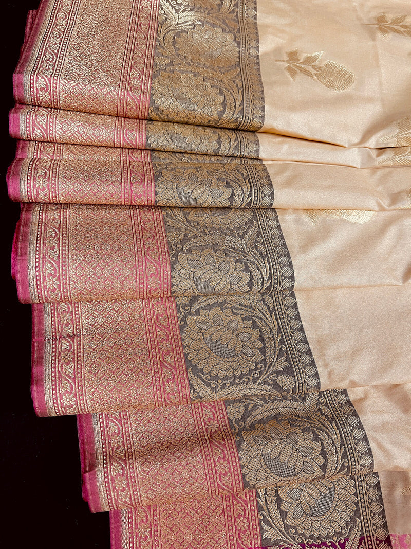 Light Brown/ Cafe Latte Color with Pink combination Traditional Semi Silk Banarasi Saree with floral design | Silk Saree | Kaash Collection