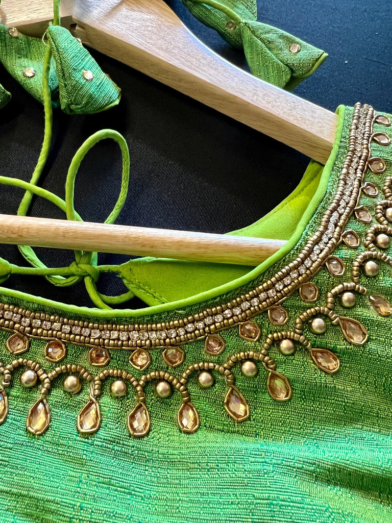 Parrot Green Color Raw Silk Ready to Wear Blouse | Handwork Blouses | Padded Blouse | Size - 36 | Readymade Saree Blouses | Kaash Collection