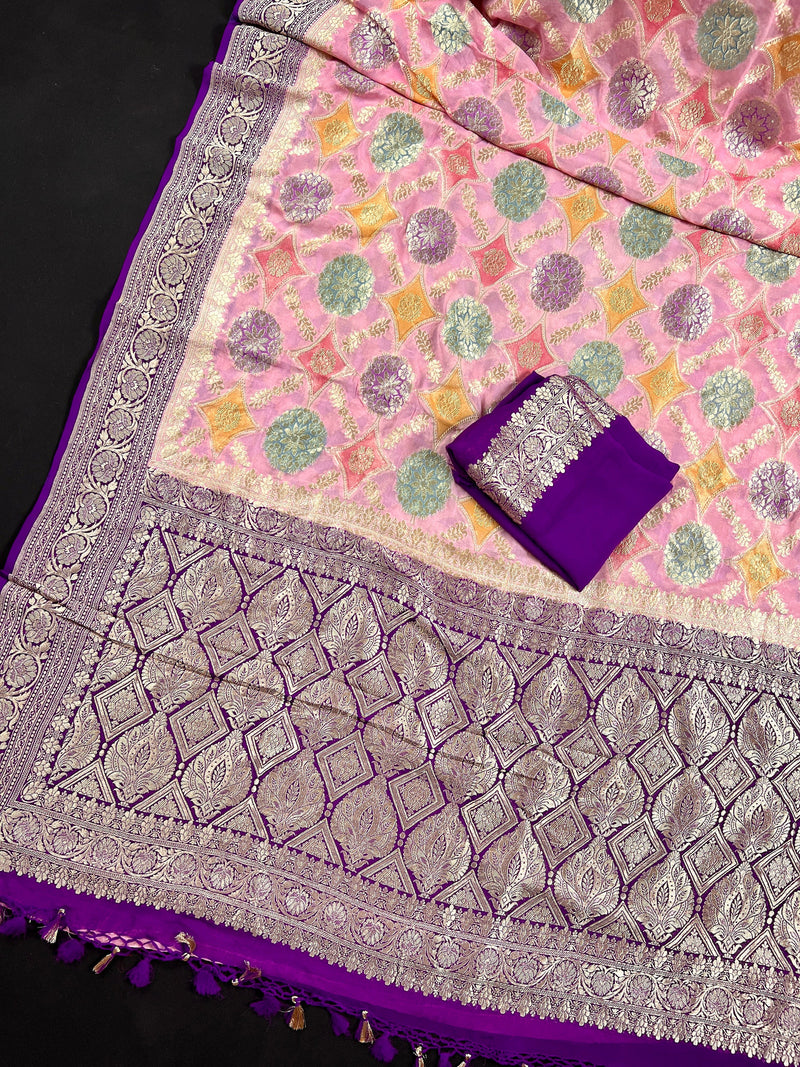 Baby Pink and Purple Pure Khaddi Georgette Banarasi Saree in Multi Color with Muted Gold Zari | SILK MARK CERTIFIED
