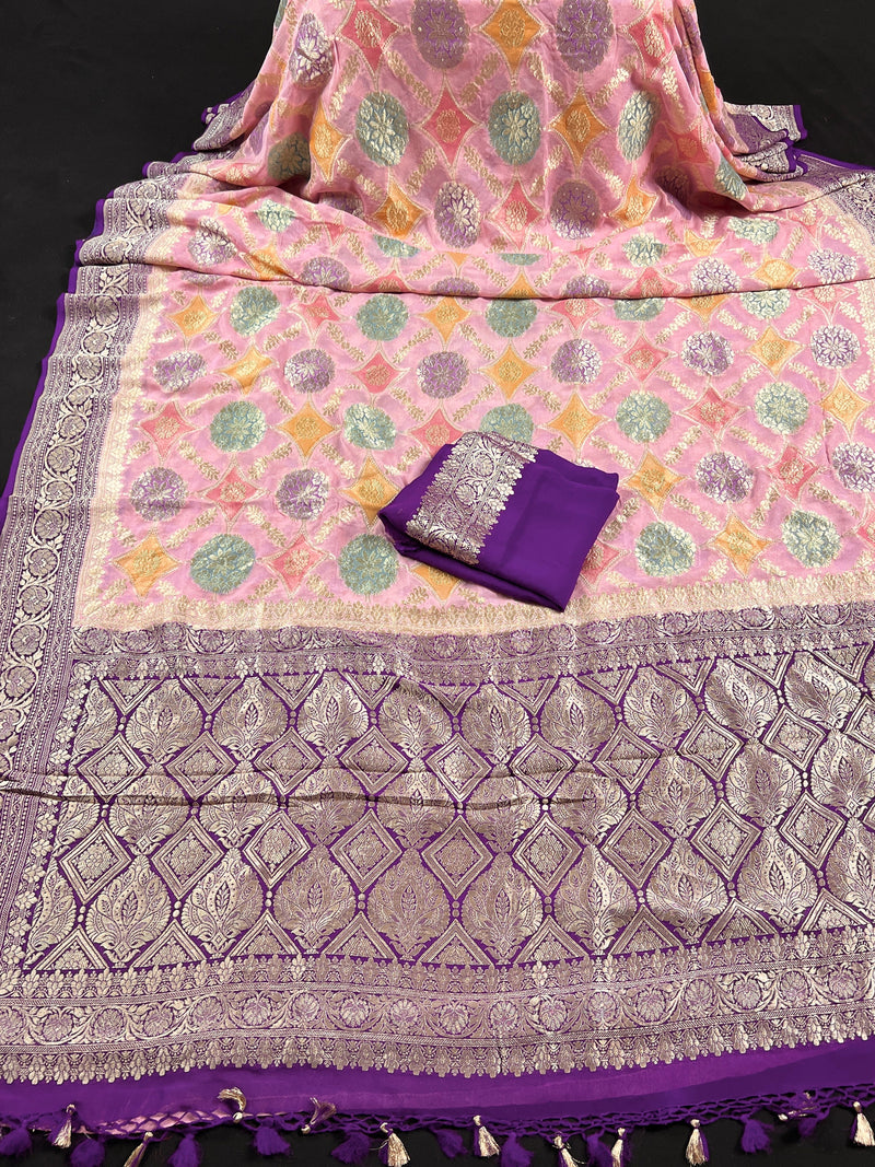 Baby Pink and Purple Pure Khaddi Georgette Banarasi Saree in Multi Color with Muted Gold Zari | SILK MARK CERTIFIED