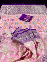 Baby Pink and Purple Pure Khaddi Georgette Banarasi Saree in Multi Color with Muted Gold Zari | SILK MARK CERTIFIED