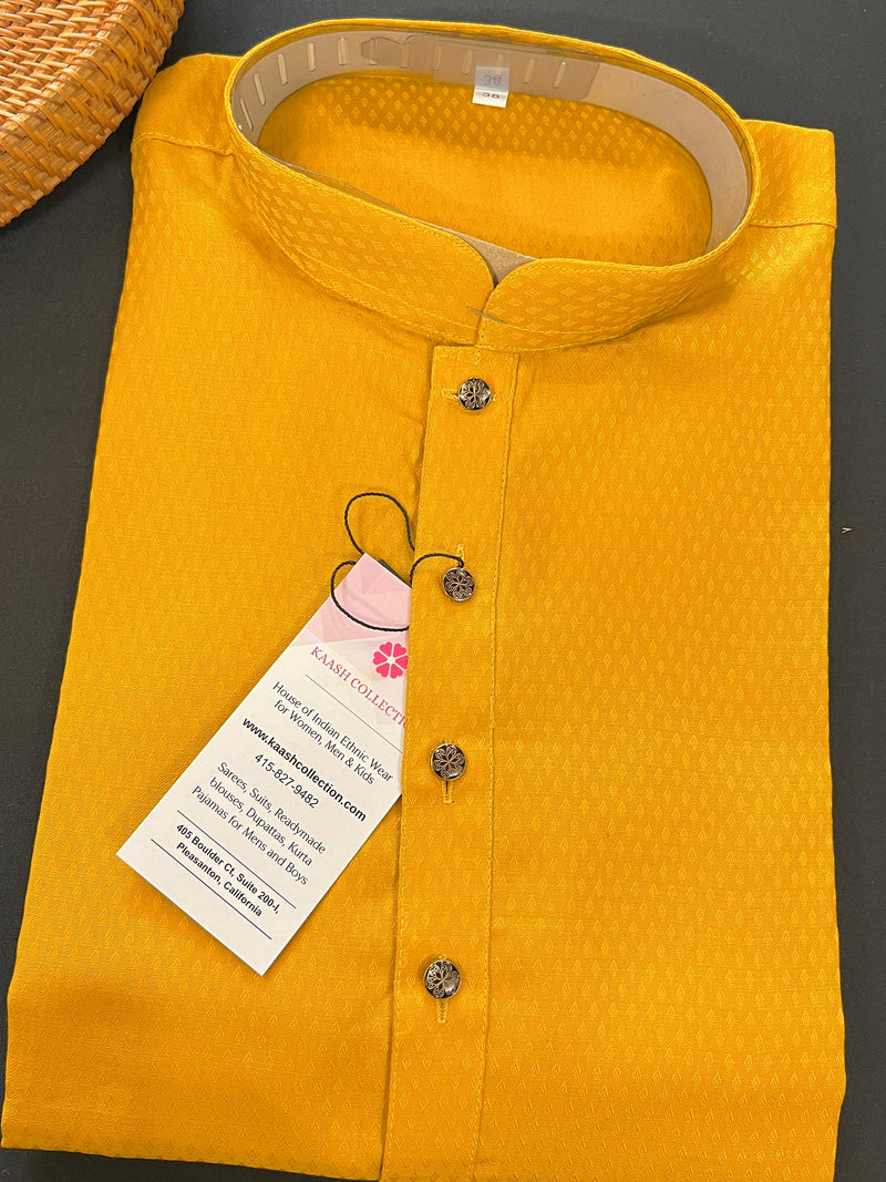 Mustard Yellow Soft Silk Self Design Men Kurta with White Cotton Pajama | Mens Party Wear Clothing | Indian Ethnic Men Wear in USA