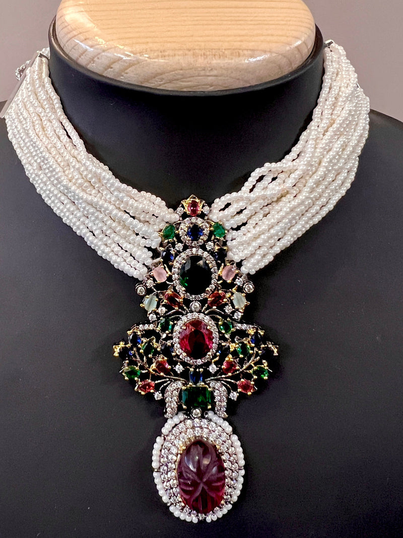 Statement Sabyasachi Inspired Bollywood Victorian Style Necklace Set in Multi Beads with Pearls String | Statement Party Wear Set for Women