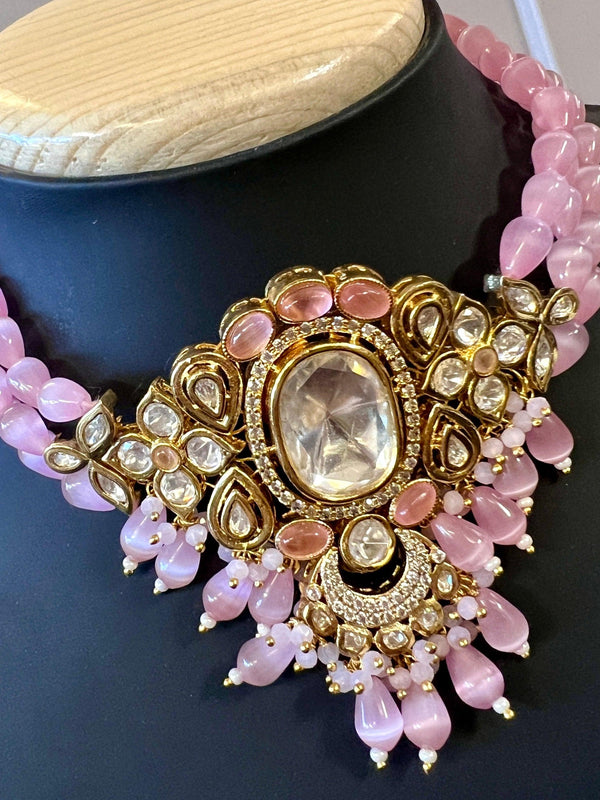 Handmade Statement Bollywood Chokar Style Necklace in Polki with CZ with Monalisa Beads in Baby Pink | Statement Party Wear Set for Women - Kaash